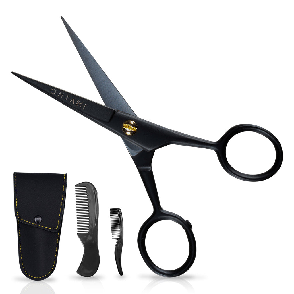 ONTAKI Professional German Steel Beard & Mustache Scissors (5") Black