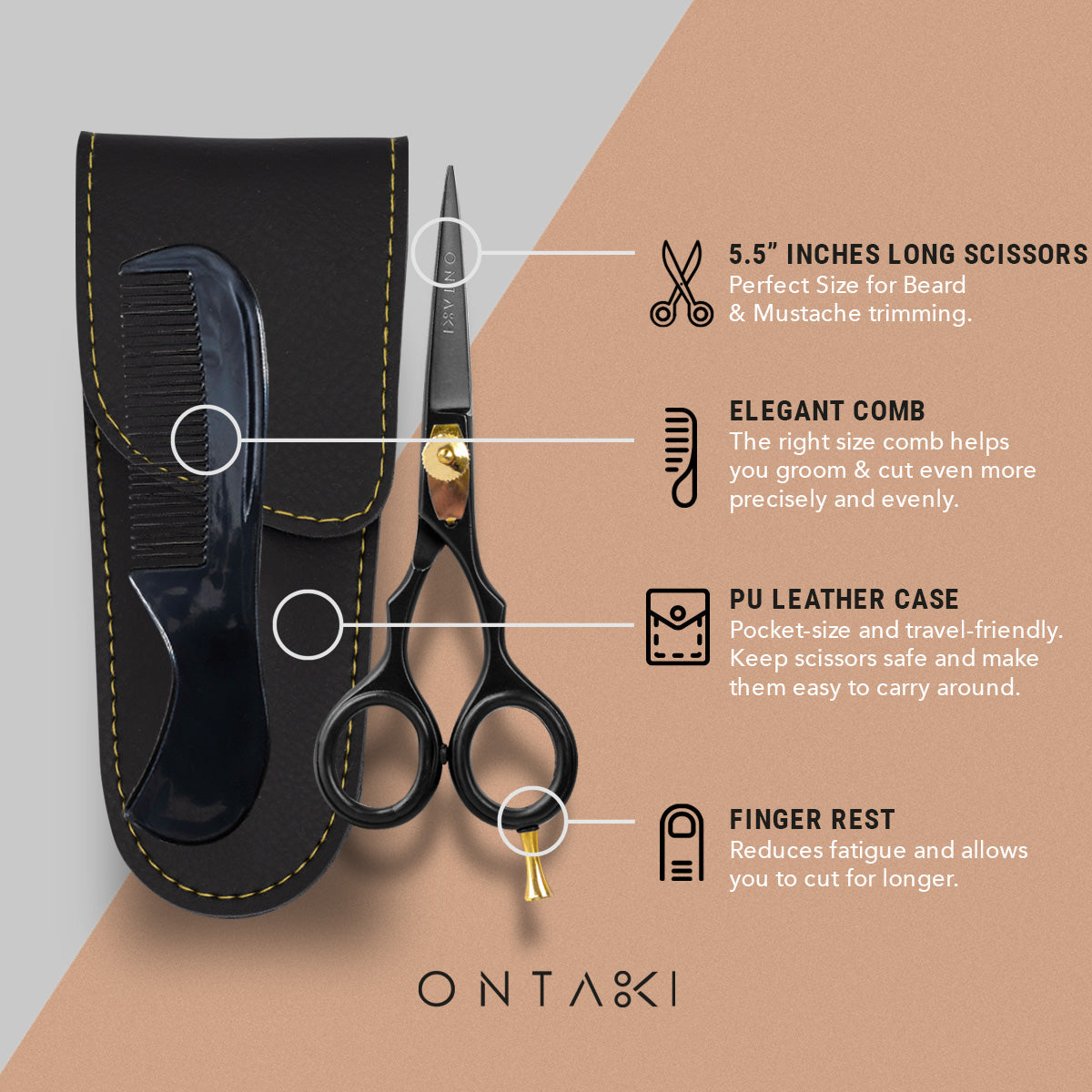 ONTAKI Premium Japanese Steel Beard & Mustache Scissors (5.5") Black