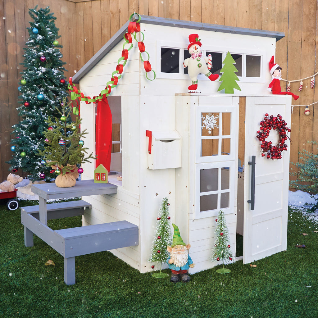 KidKraft Modern houten kinder speelhuis voor buiten - 158 cm hoog - met kinderkeuken, brievenbus en grill set – houten speeltuinhuis