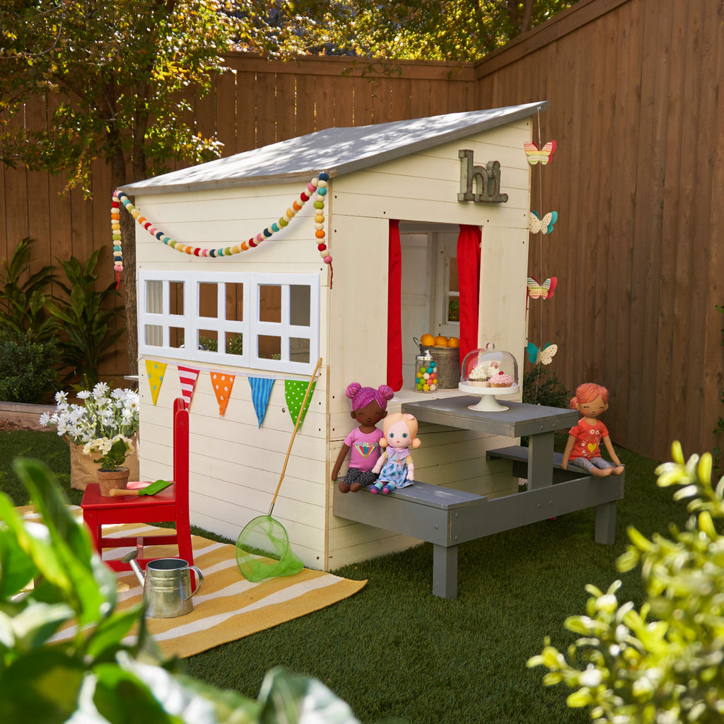 KidKraft Modern houten kinder speelhuis voor buiten - 158 cm hoog - met kinderkeuken, brievenbus en grill set – houten speeltuinhuis