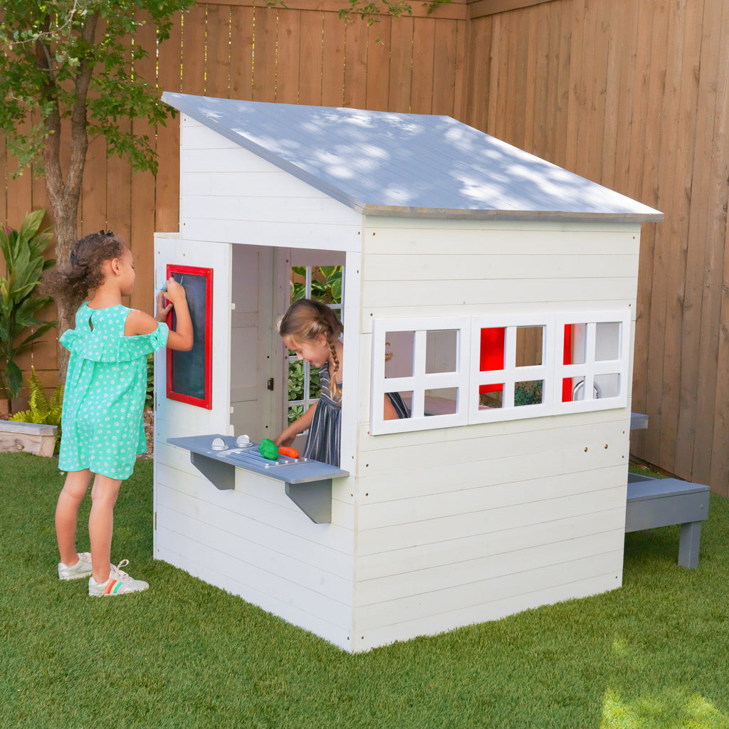KidKraft Modern houten kinder speelhuis voor buiten - 158 cm hoog - met kinderkeuken, brievenbus en grill set – houten speeltuinhuis