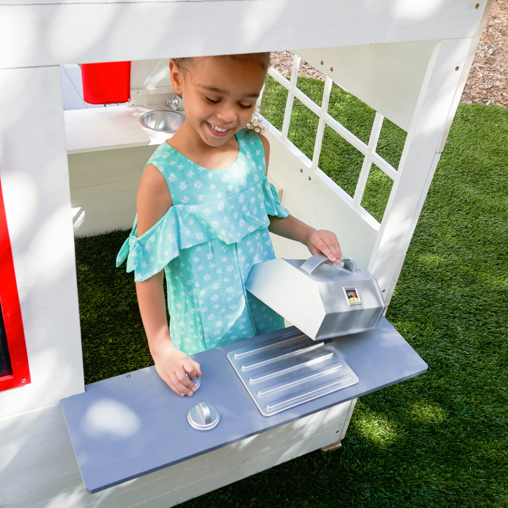 KidKraft Modern houten kinder speelhuis voor buiten - 158 cm hoog - met kinderkeuken, brievenbus en grill set – houten speeltuinhuis