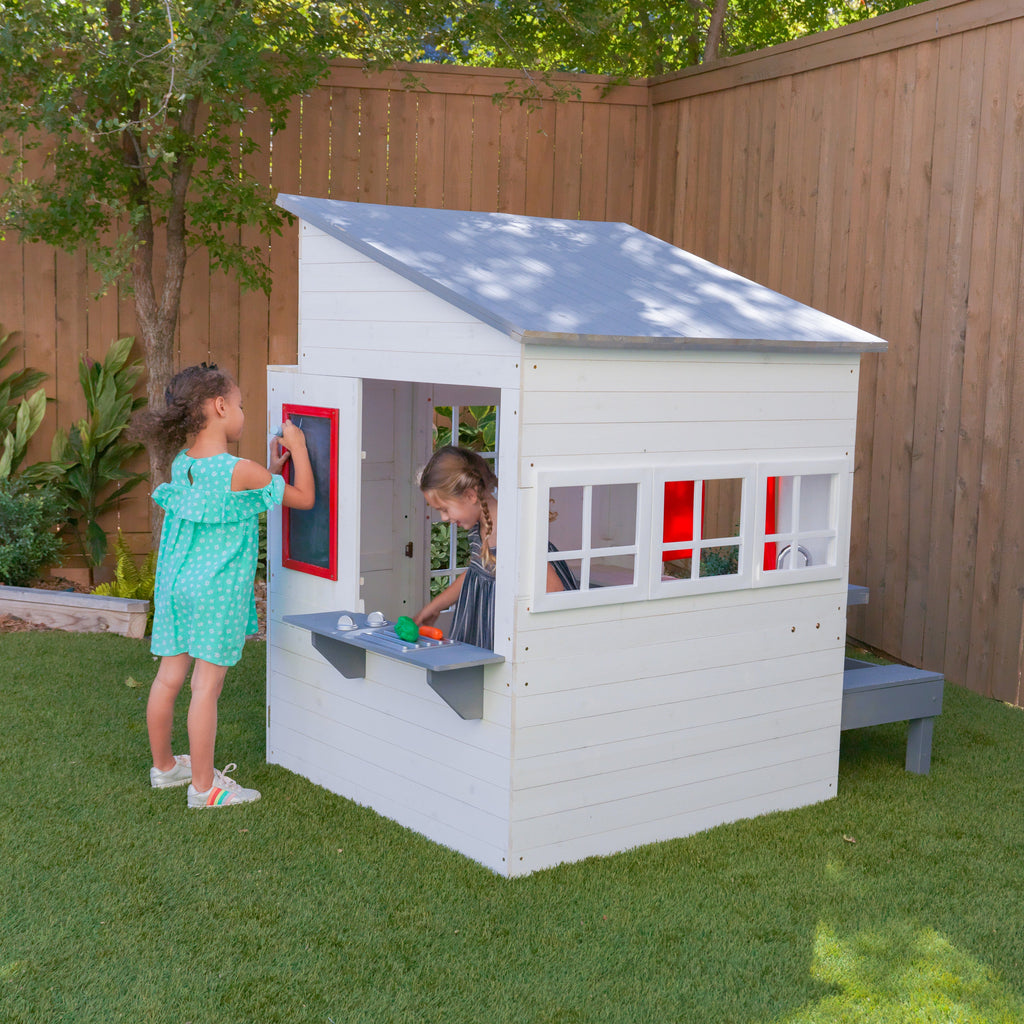 KidKraft Modern houten kinder speelhuis voor buiten - 158 cm hoog - met kinderkeuken, brievenbus en grill set – houten speeltuinhuis