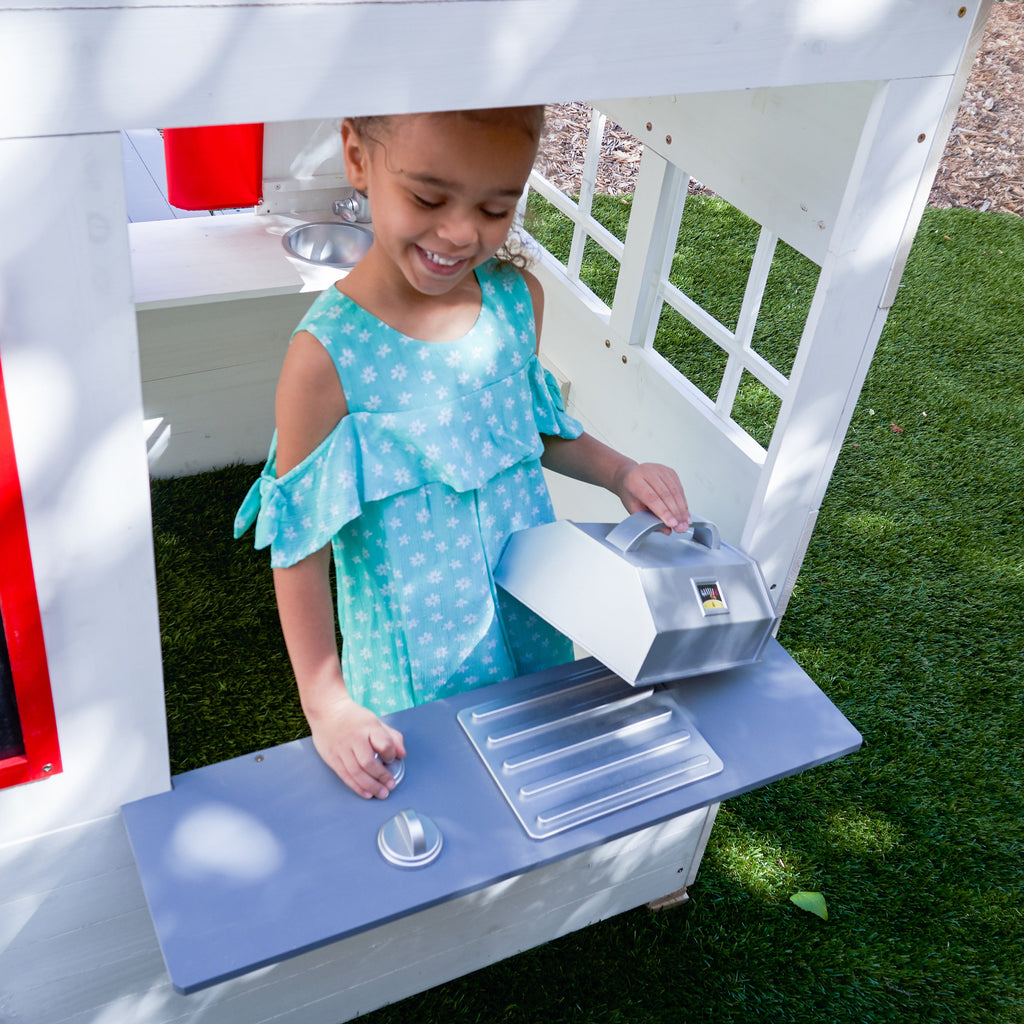 KidKraft Modern houten kinder speelhuis voor buiten - 158 cm hoog - met kinderkeuken, brievenbus en grill set – houten speeltuinhuis