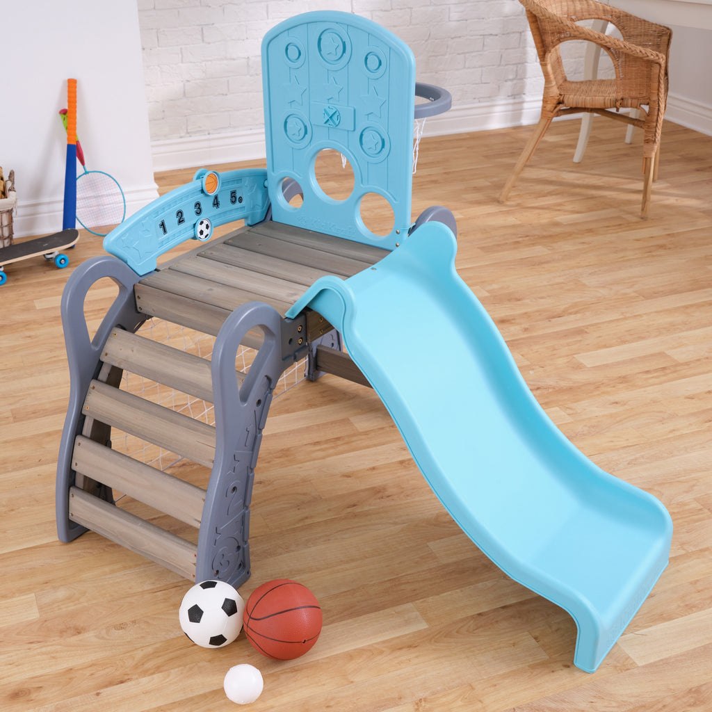 KidKraft 5 in 1 Toddler Sports Climber, Outdoor and Indoor Kids Climbing Playset with Slide, Ladder, Basketball Hoop, Soccer Goal and Baseball Target, Comes with 3 Balls, Ages 18 Months to 3 Years