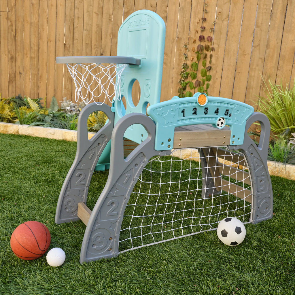 KidKraft 5 in 1 Toddler Sports Climber, Outdoor and Indoor Kids Climbing Playset with Slide, Ladder, Basketball Hoop, Soccer Goal and Baseball Target, Comes with 3 Balls, Ages 18 Months to 3 Years