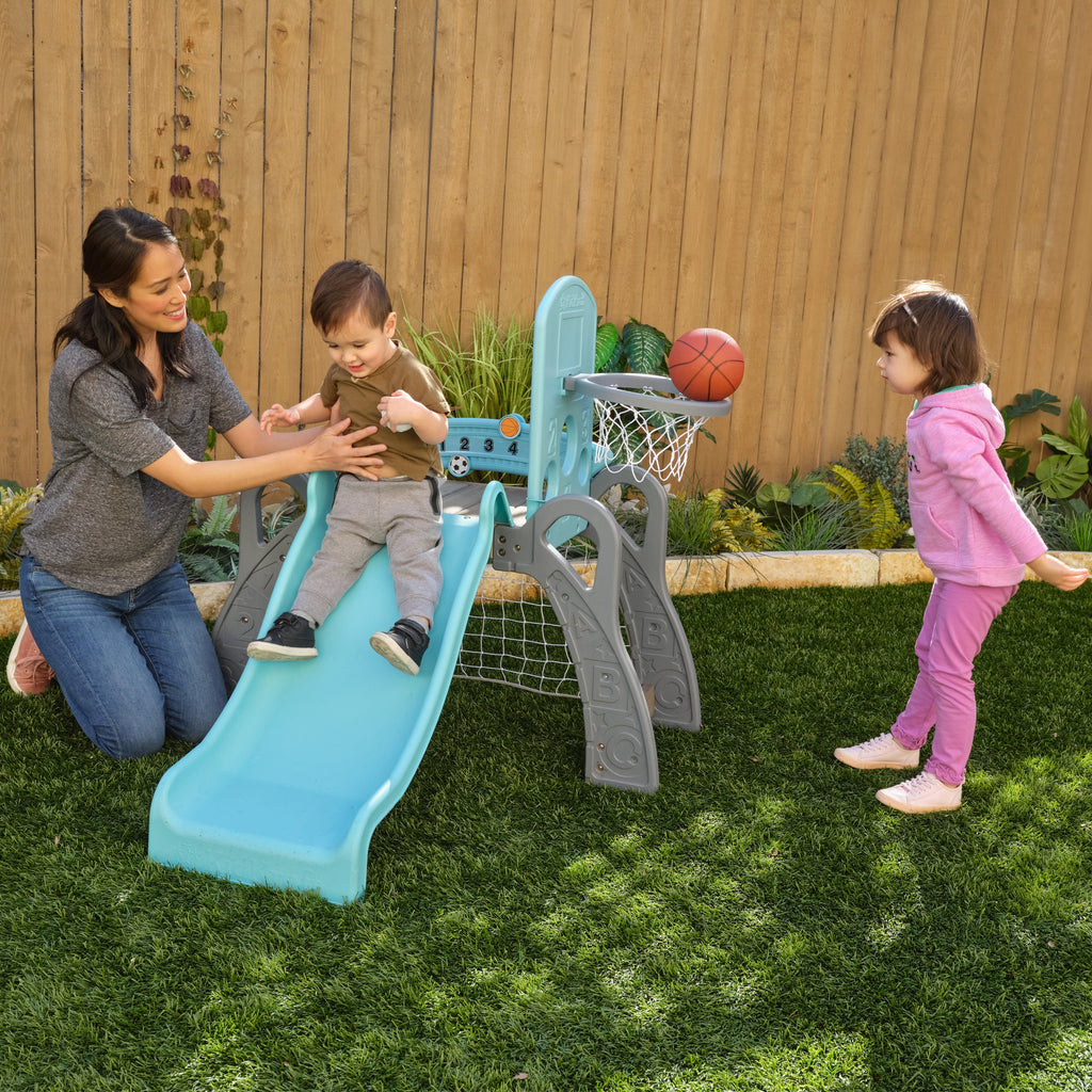 KidKraft 5 in 1 Toddler Sports Climber, Outdoor and Indoor Kids Climbing Playset with Slide, Ladder, Basketball Hoop, Soccer Goal and Baseball Target, Comes with 3 Balls, Ages 18 Months to 3 Years