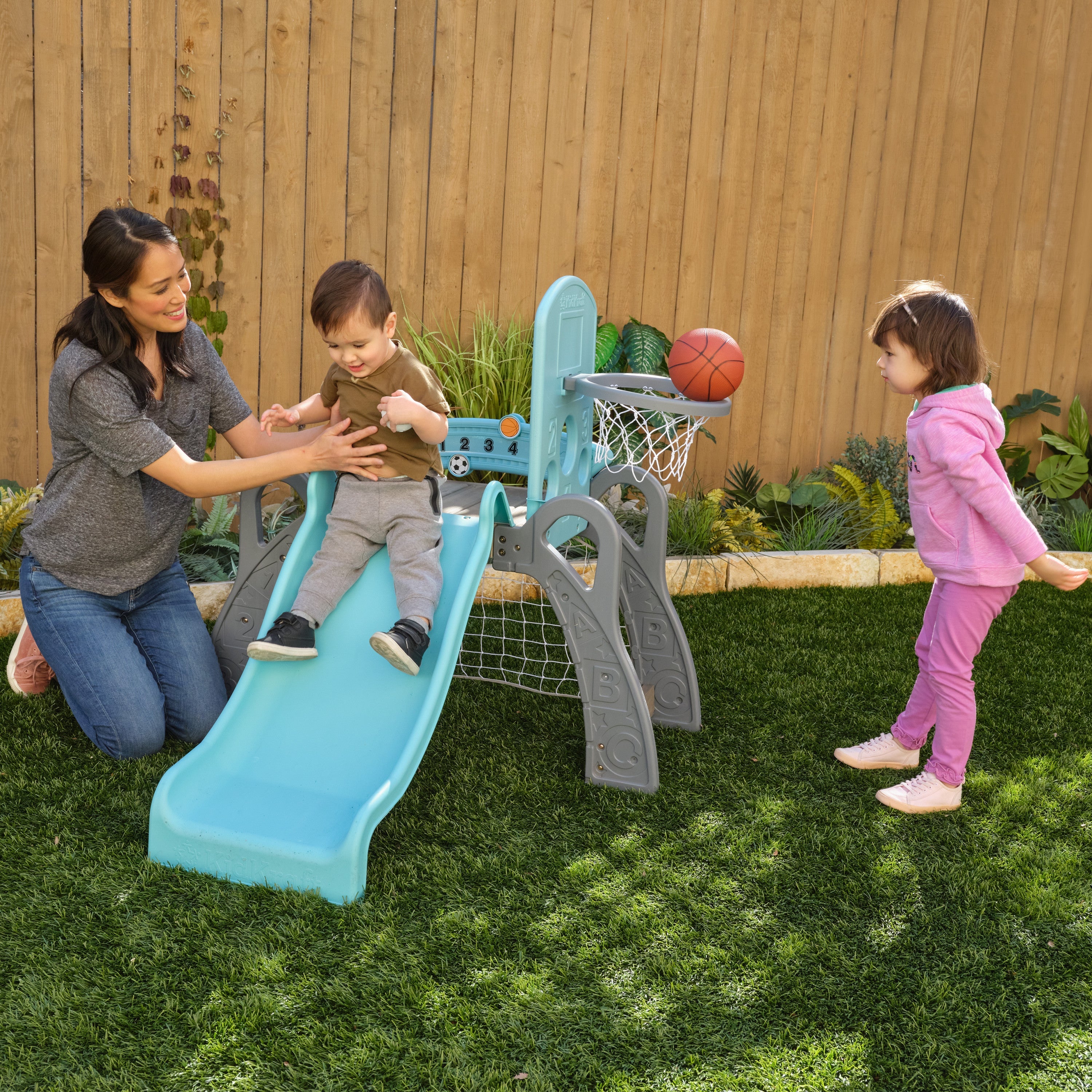 KidKraft 5 in 1 Toddler Sports Climber, Outdoor and Indoor Kids Climbing Playset with Slide, Ladder, Basketball Hoop, Soccer Goal and Baseball Target, Comes with 3 Balls, Ages 18 Months to 3 Years
