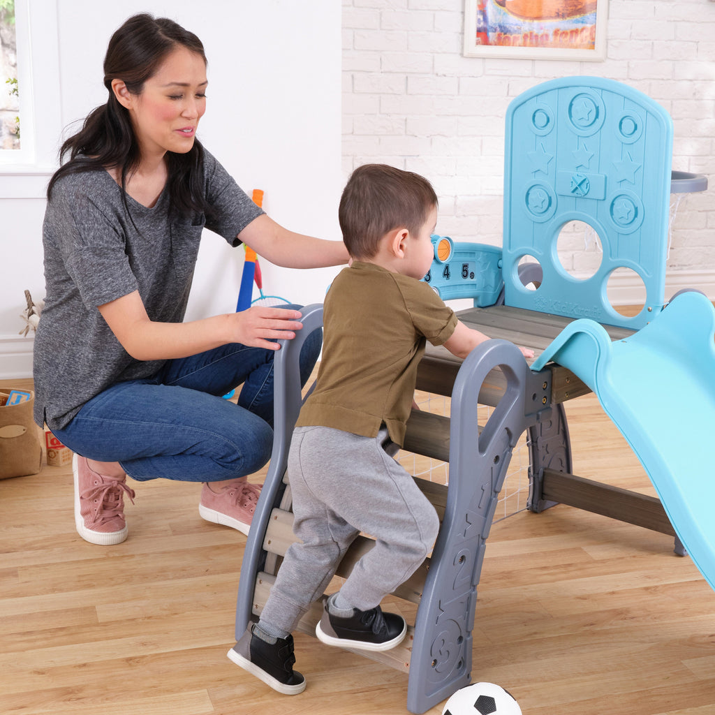KidKraft 5 in 1 Toddler Sports Climber, Outdoor and Indoor Kids Climbing Playset with Slide, Ladder, Basketball Hoop, Soccer Goal and Baseball Target, Comes with 3 Balls, Ages 18 Months to 3 Years