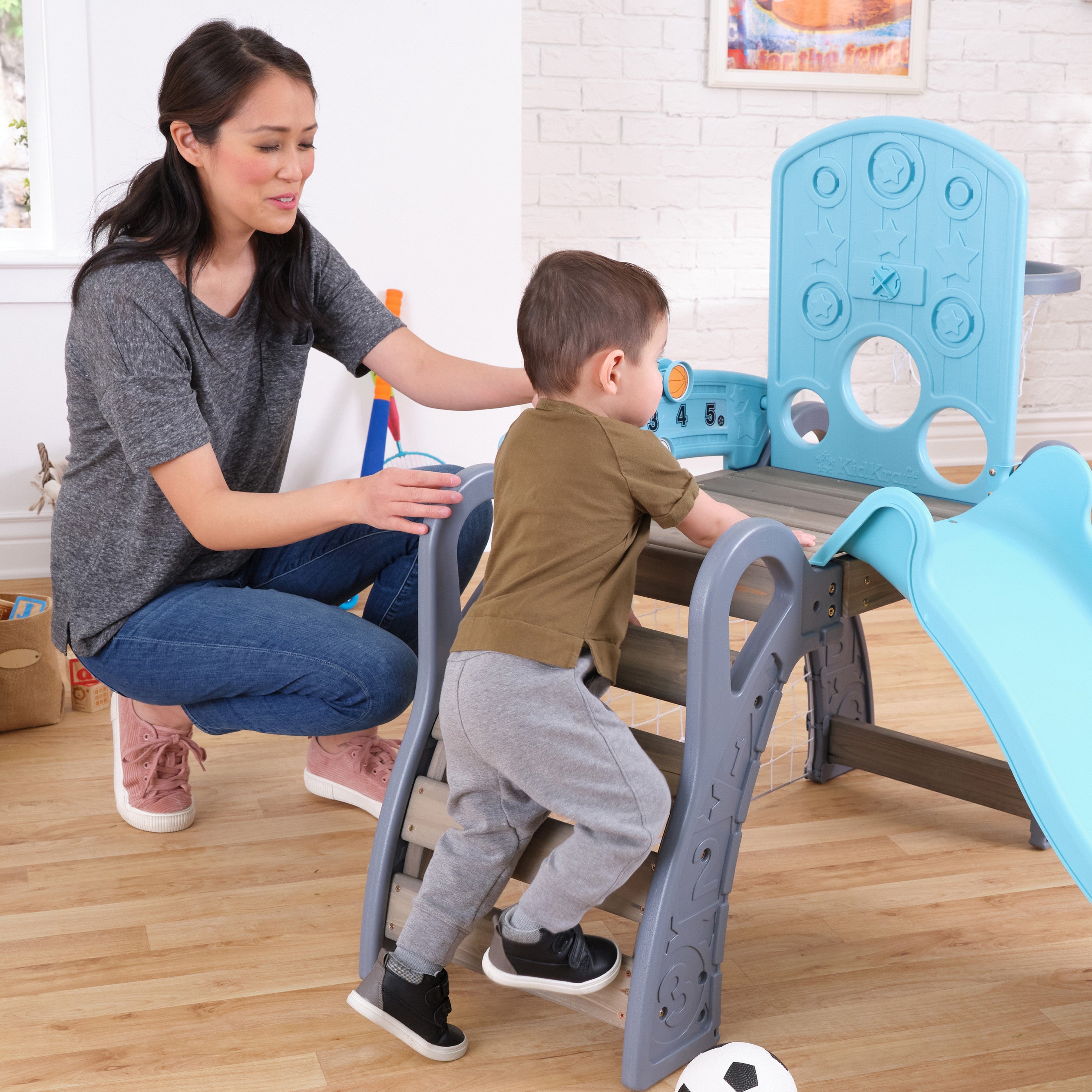 KidKraft 5 in 1 Toddler Sports Climber, Outdoor and Indoor Kids Climbing Playset with Slide, Ladder, Basketball Hoop, Soccer Goal and Baseball Target, Comes with 3 Balls, Ages 18 Months to 3 Years