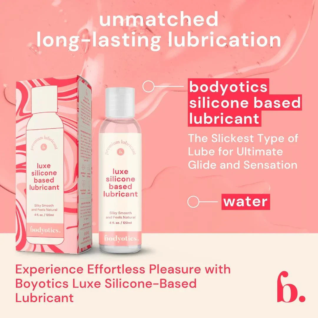 Bodyotics Premium Silicone Based Lubricant 4oz bottle and packaging with long-lasting, silky smooth lubrication on pink background