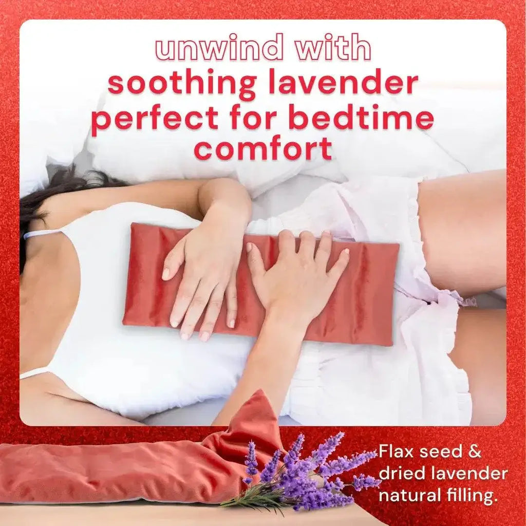 Woman using Bodyotics Comfycuddle heating pad for cramps with flax seed and dried lavender filling for soothing warmth and comfort