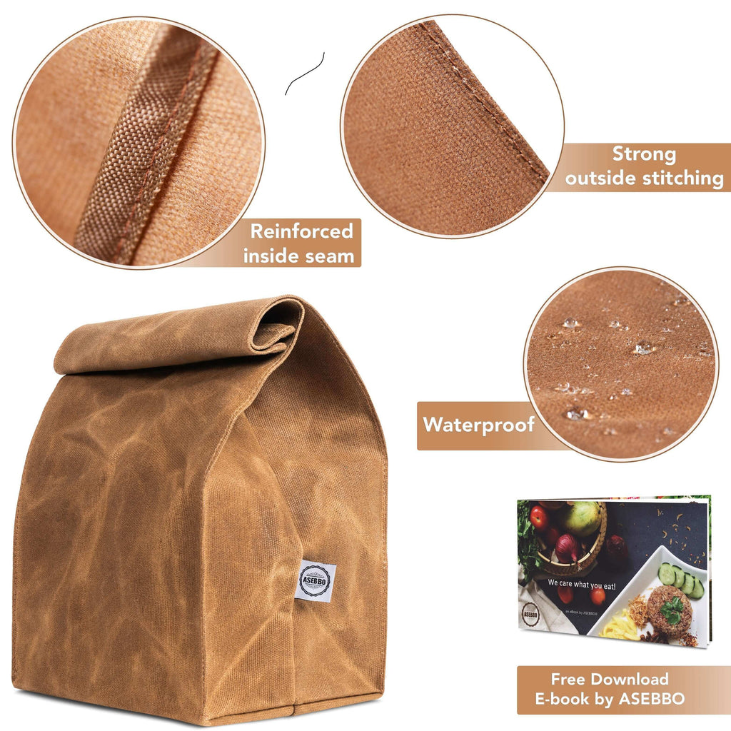ASEBBO Waxed Canvas Insulated Lunch Bag 10L Thermal Tote Vintage Brown