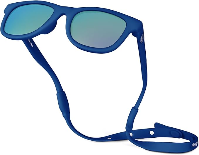 Blue sunglasses with a matching blue strap on a white background