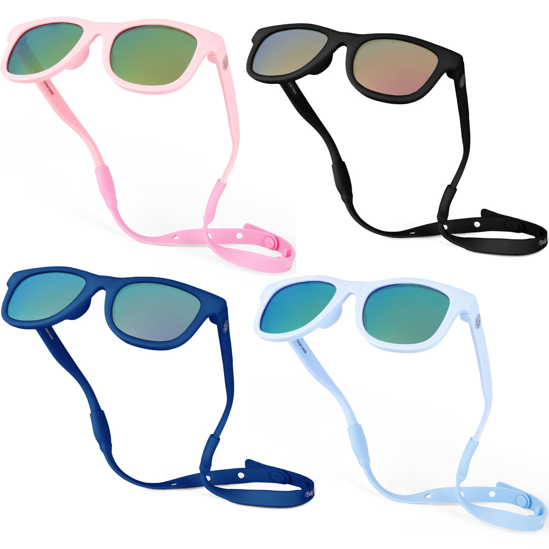 BABY SUNNIES Polarized Baby Sunglasses with Strap - 4 Pairs - Sky Blue, Navy Blue, Black & Pink - Unbreakable Flexible Infant Sunglasses - Toddlers Newborns 0-24 Months - Baby Travel Essential
