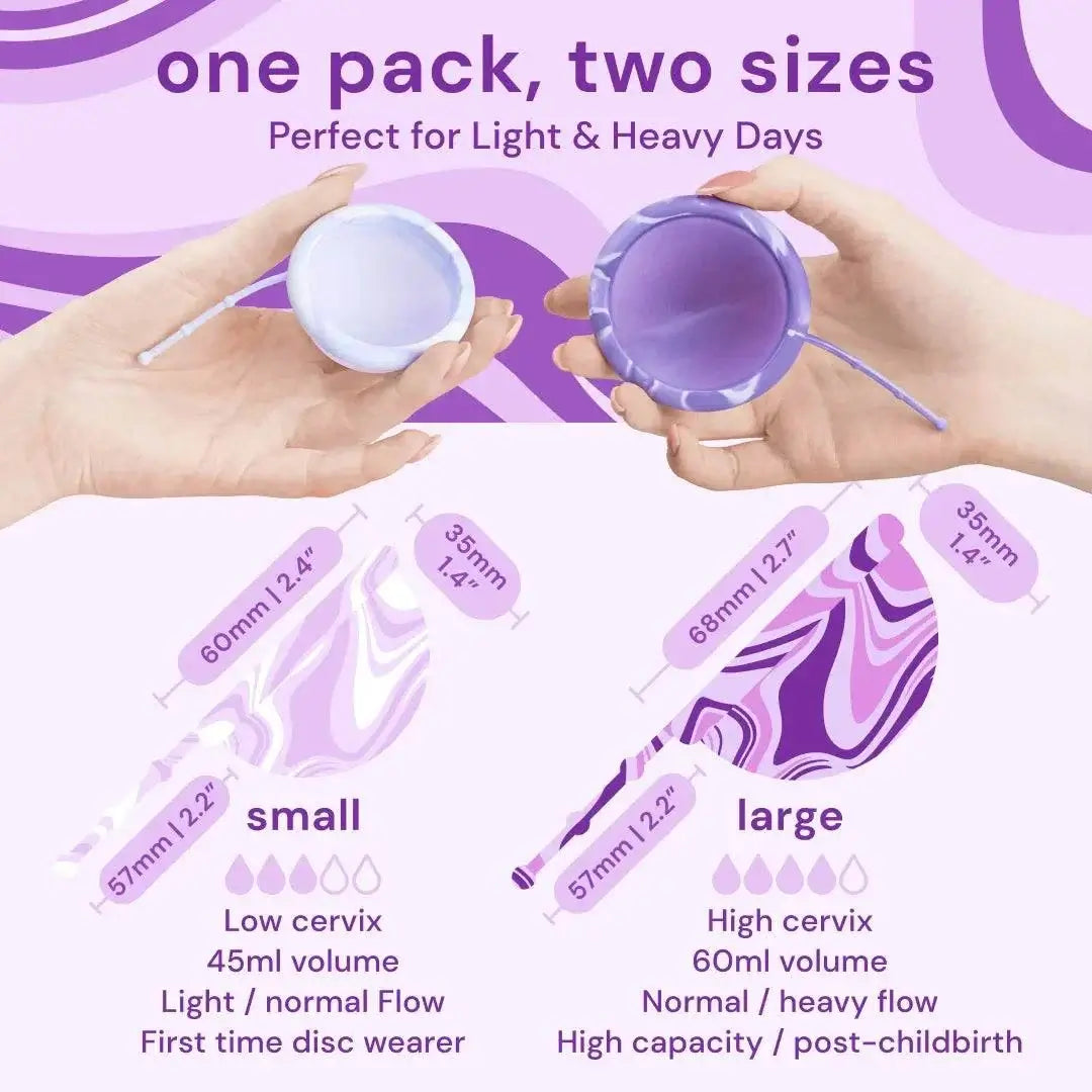 Bodyotics Comfydisc reusable menstrual discs in small and large sizes for light to heavy flow with pull-off string design