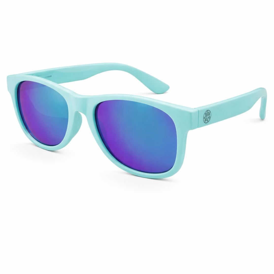 Turquoise sunglasses with purple lenses on a white background