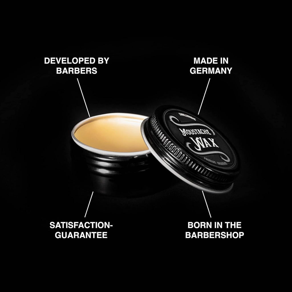 Moustache wax container with text highlighting features on a black background