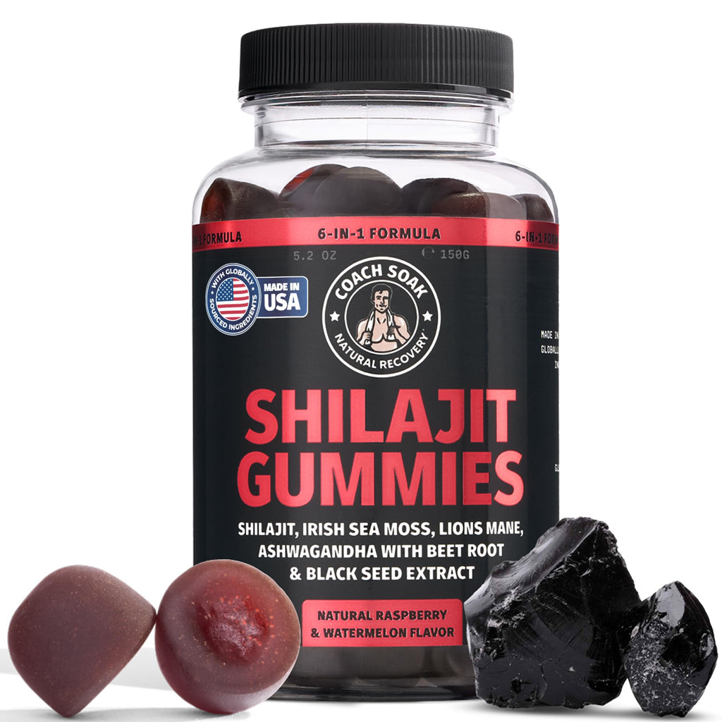 Coach Soak Kompleks żelków 6 w 1 - Shilajit, Ashwagandha, Lions Mane, Sea Moss, Czarnuszka, Burak - 60 szt. - Malina Arbuz