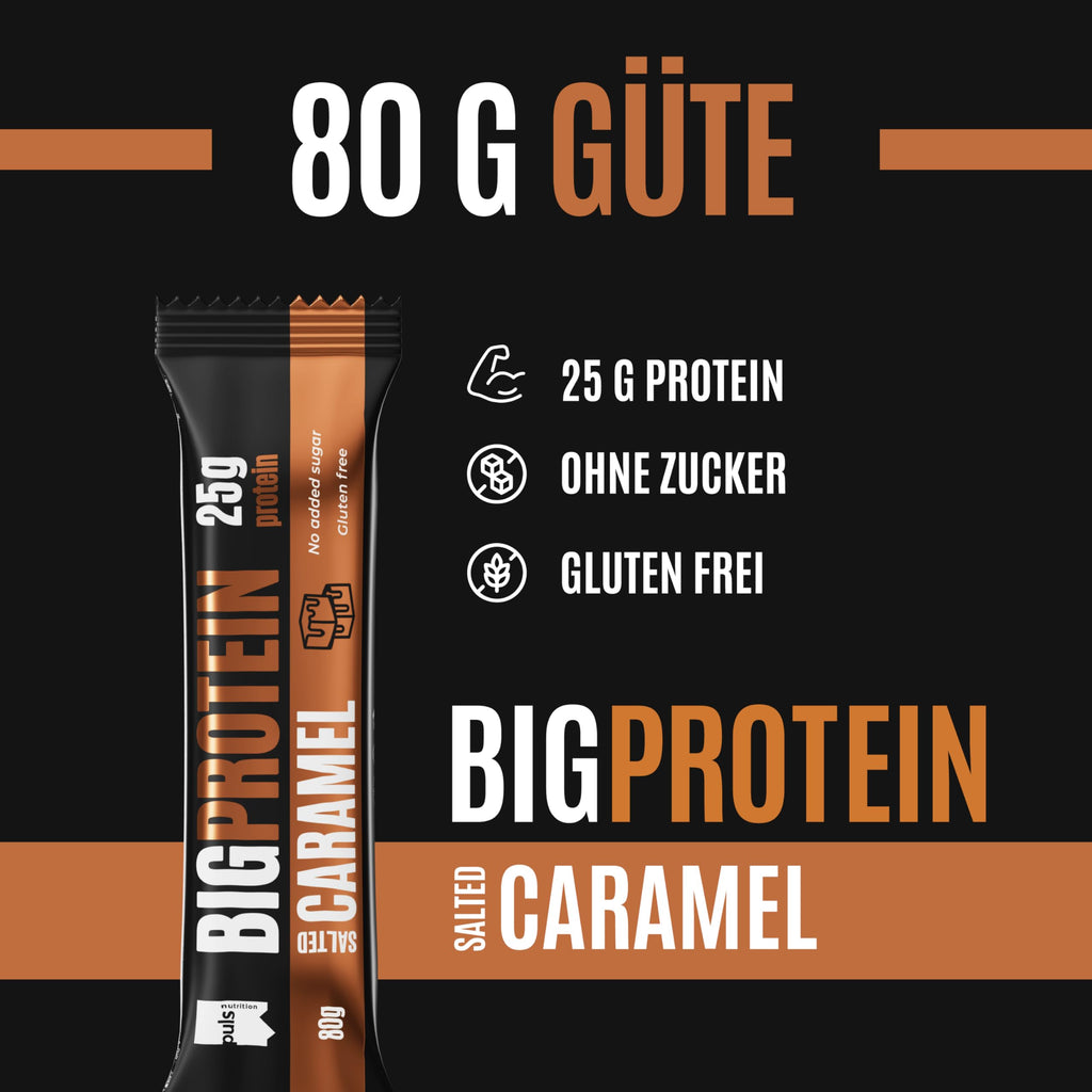 PULS NUTRITION Big Protein baton – 25 g białka na baton – o smaku słonego karmelu, 12 x 80 g, bez dodatku cukru i bez glutenu – wysokobiałkowa przekąska do fitnessu i budowy mięśni