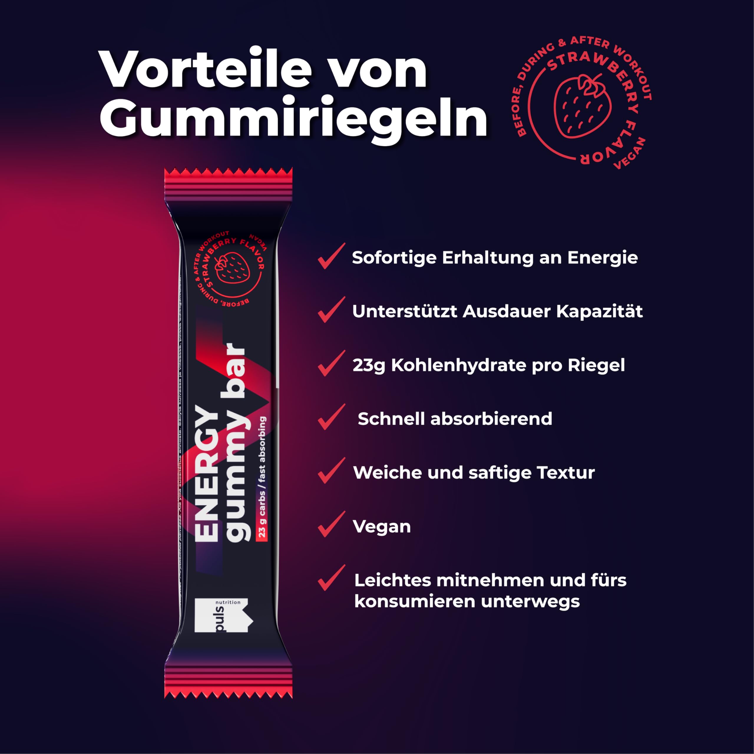 PULS Nutrition Energy Gummy Bar Strawberry — 12 × 30g | 23g Carbohydrates per Bar