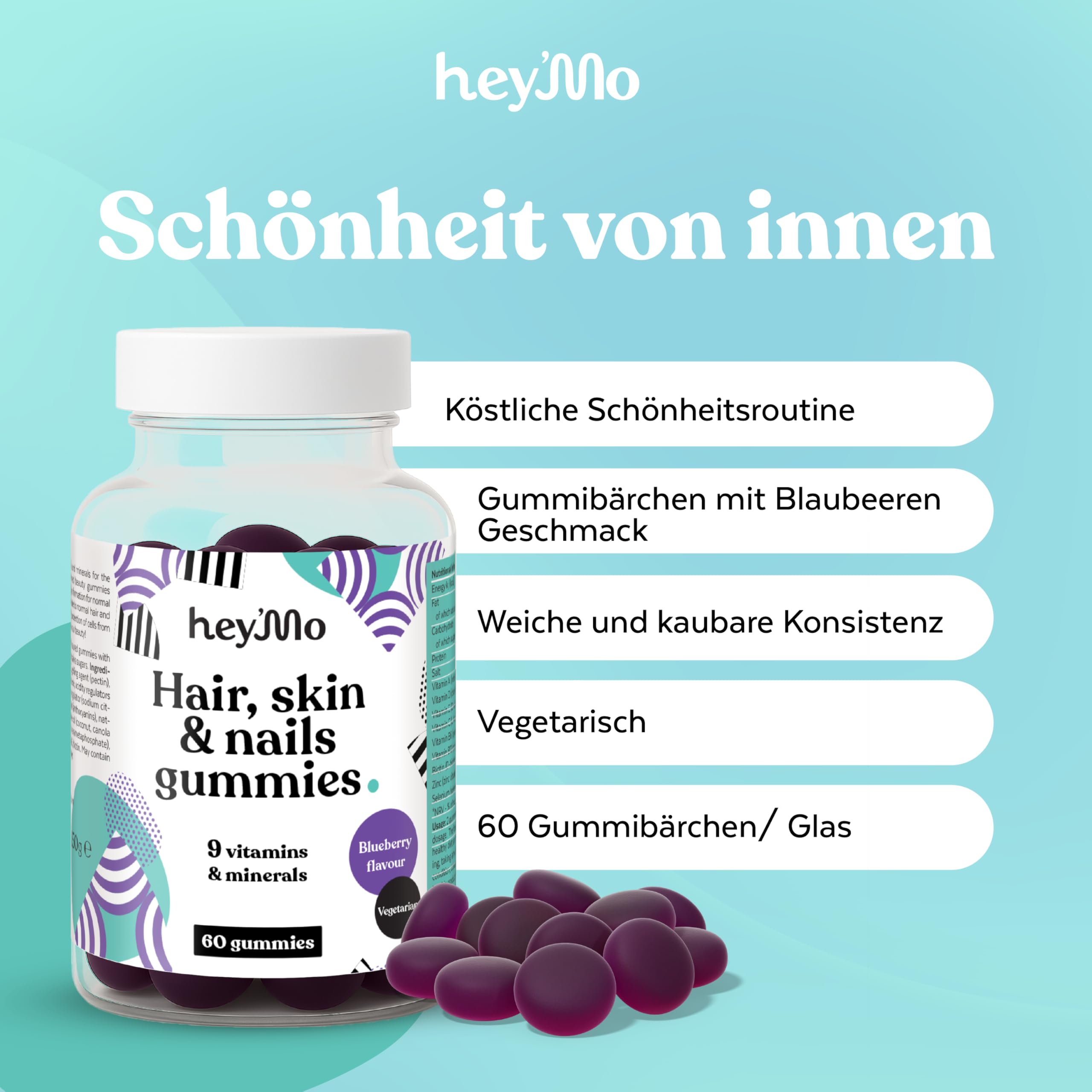hey'Mo Hair, Skin & Nails Gummies, Blueberry — 60 Pieces | Biotin, Zinc, Vitamin C