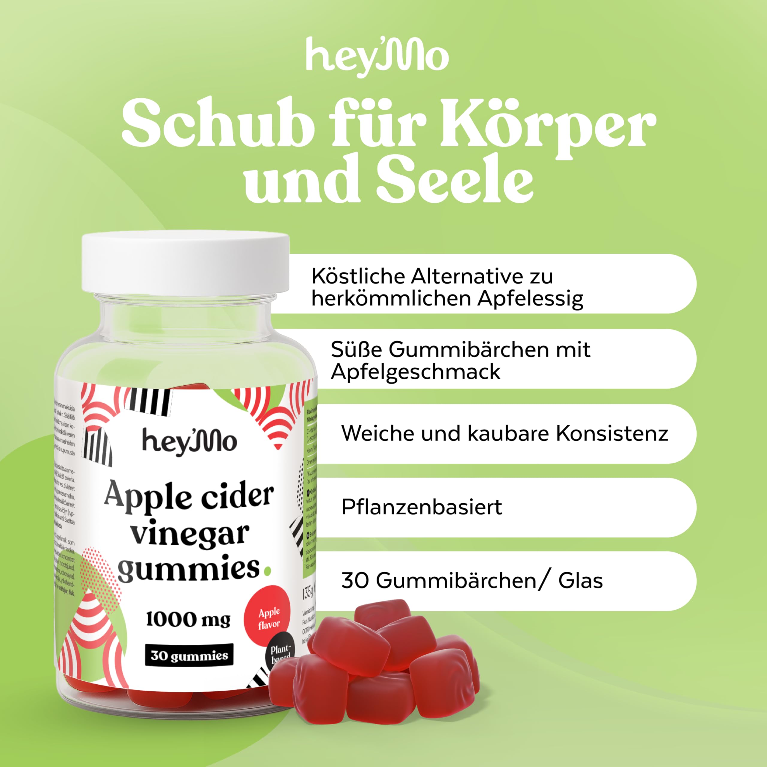 hey'Mo Apple Cider Vinegar Gummies, Apple — 30 Pieces | 1000mg ACV, Vitamin C