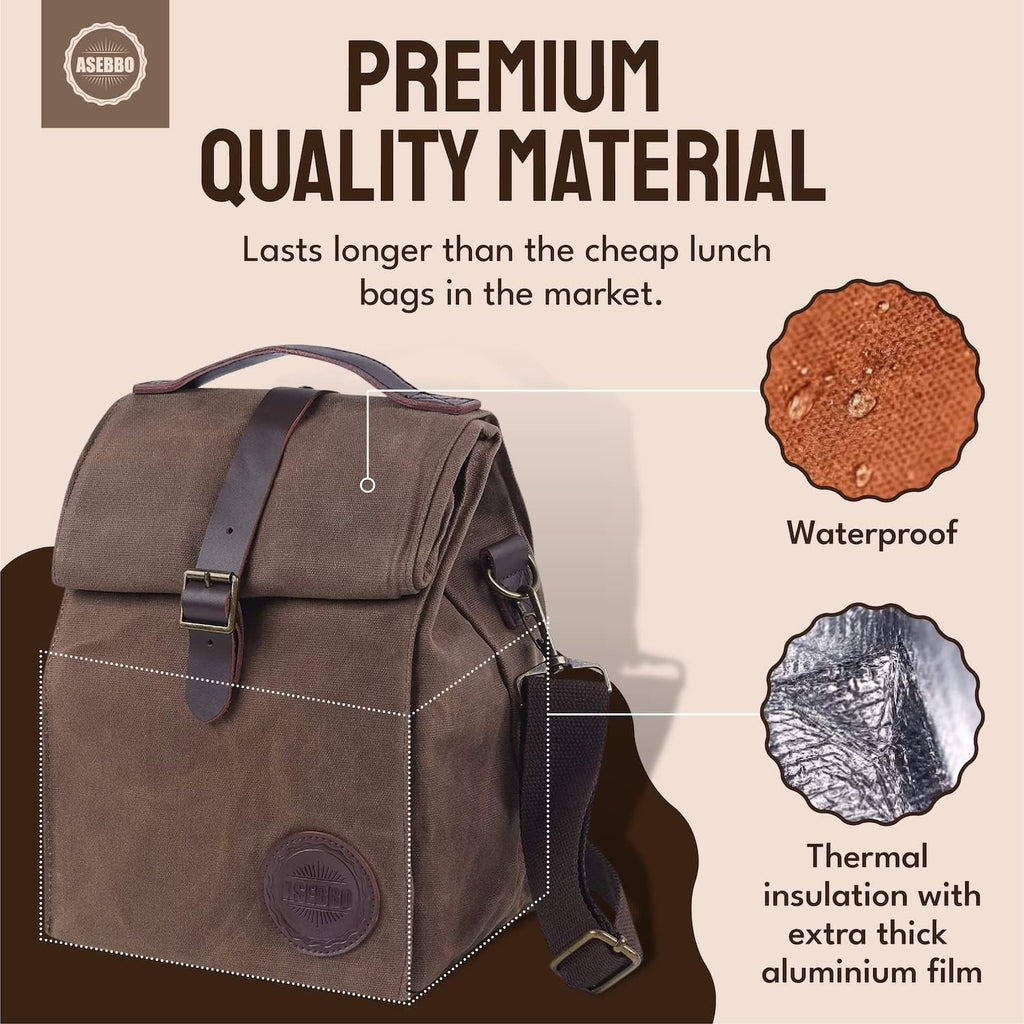 Sac déjeuner isotherme en toile cirée ASEBBO – 10L (2,6 Gal) Sac thermique avec sangle réglable de 150 cm, sac repas réutilisable robuste pour hommes et femmes, résistant à l'eau, isolation 4+ heures
