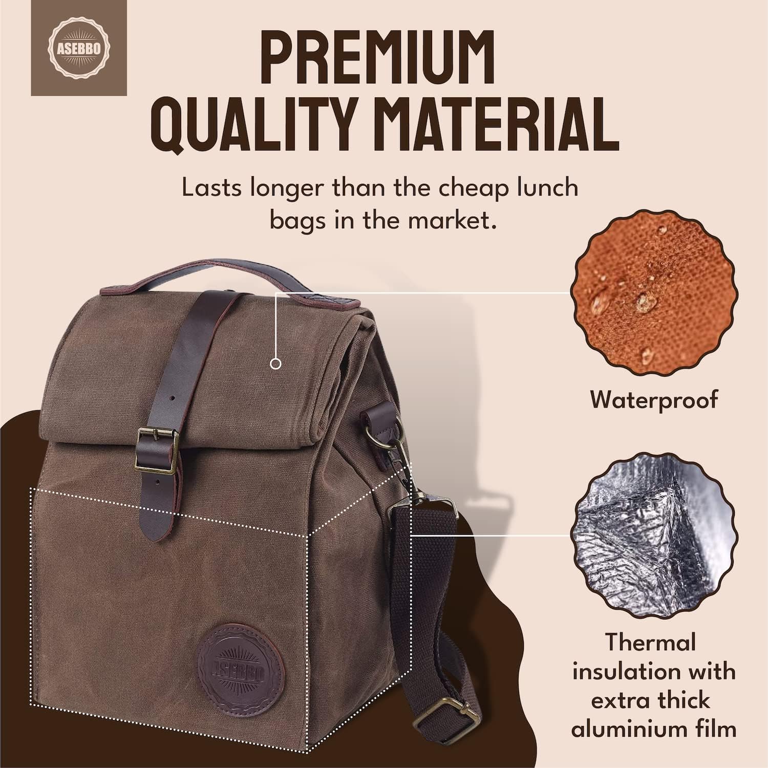 Sac déjeuner isotherme en toile cirée ASEBBO – 10L (2,6 Gal) Sac thermique avec sangle réglable de 150 cm, sac repas réutilisable robuste pour hommes et femmes, résistant à l'eau, isolation 4+ heures