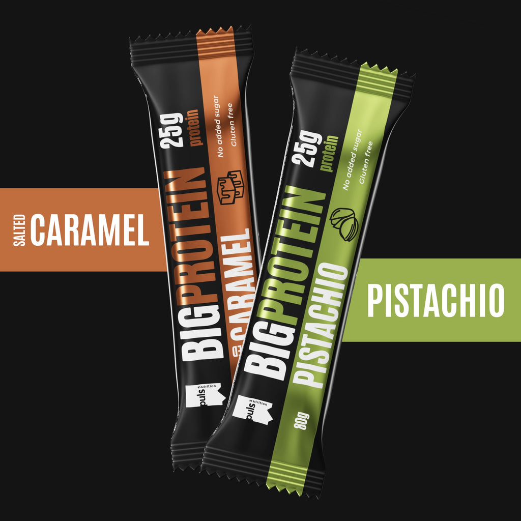 PULS NUTRITION Big Protein baton – 25 g białka na baton – o smaku słonego karmelu, 12 x 80 g, bez dodatku cukru i bez glutenu – wysokobiałkowa przekąska do fitnessu i budowy mięśni