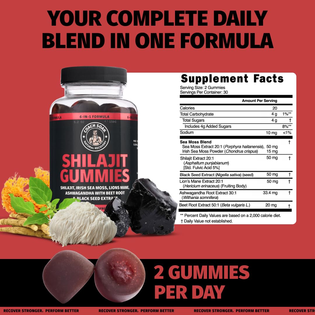 Coach Soak Kompleks żelków 6 w 1 - Shilajit, Ashwagandha, Lions Mane, Sea Moss, Czarnuszka, Burak - 60 szt. - Malina Arbuz