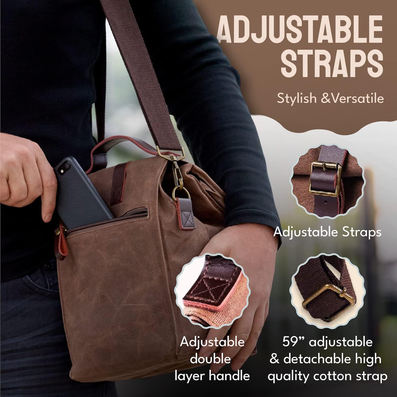 Sac déjeuner isotherme en toile cirée ASEBBO – 10L (2,6 Gal) Sac thermique avec sangle réglable de 150 cm, sac repas réutilisable robuste pour hommes et femmes, résistant à l'eau, isolation 4+ heures