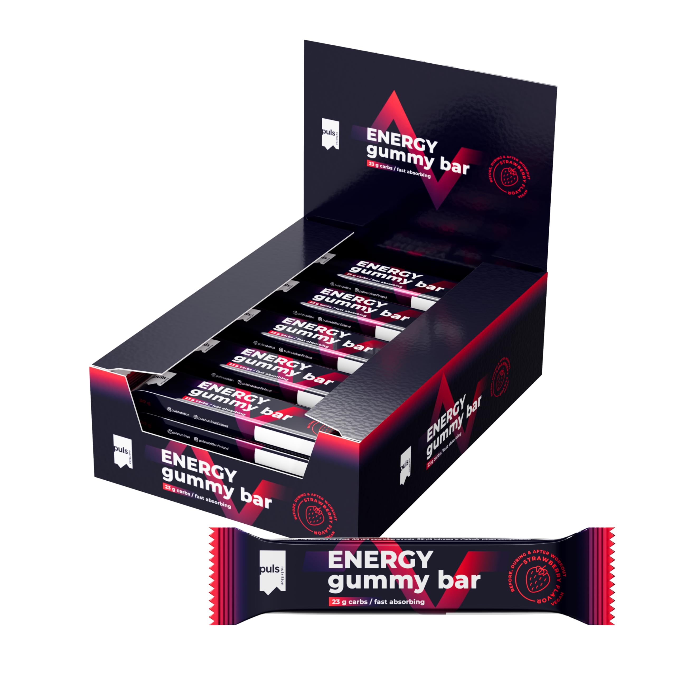 PULS Nutrition Energy Gummy Bar Strawberry — 12 × 30g | 23g Carbohydrates per Bar