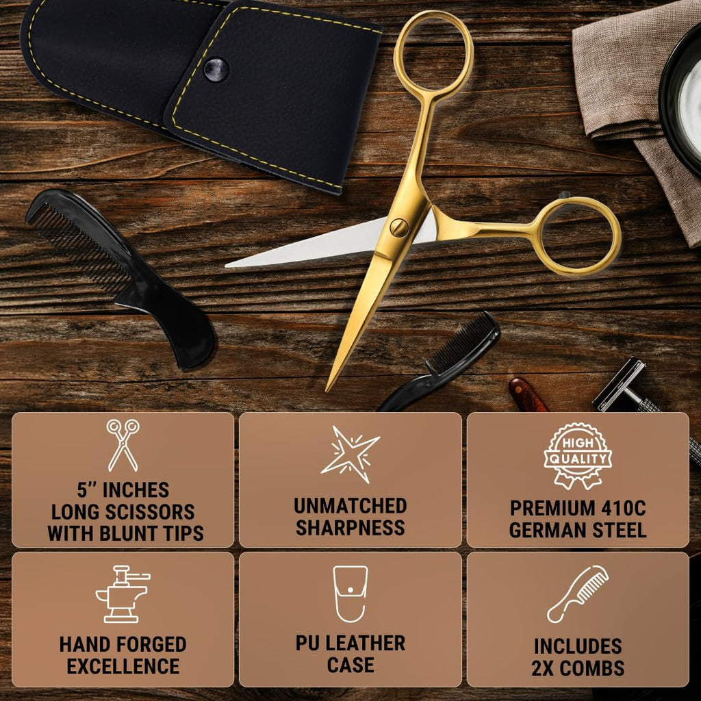 ONTAKI Professional German Steel Beard & Mustache Scissors (5") Gold Brass