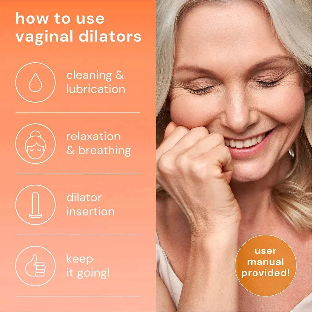 Instructional graphic on how to use vaginal dilators with steps for cleaning, relaxation, insertion, and encouragement alongside a smiling mature woman