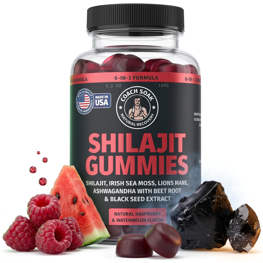 Coach Soak Kompleks żelków 6 w 1 - Shilajit, Ashwagandha, Lions Mane, Sea Moss, Czarnuszka, Burak - 60 szt. - Malina Arbuz