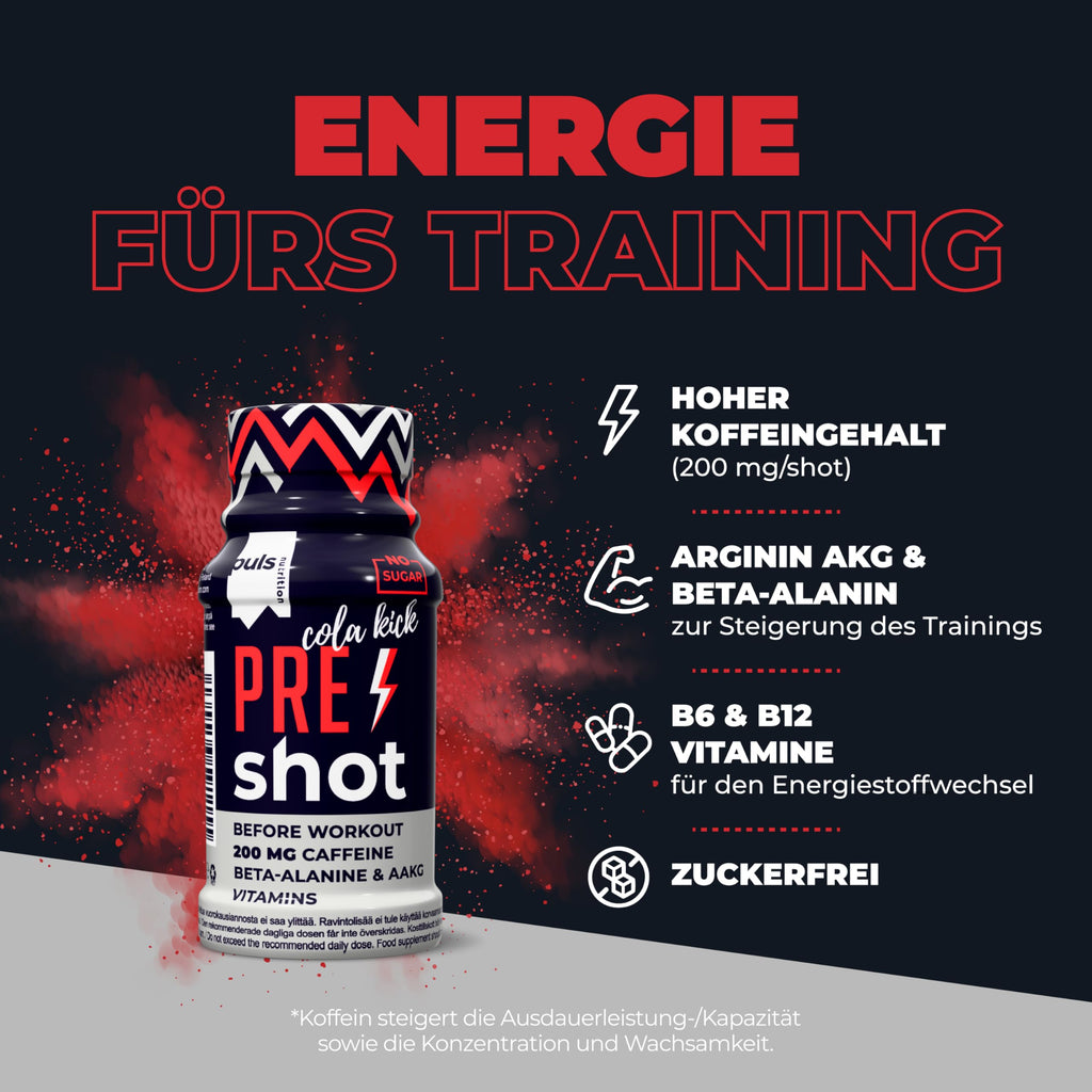 PULS Shot pré-entraînement Cola Kick 12 × 60 ml – Booster contenant 200 mg de caféine, Beta-Alanine, Arginine AKG et vitamines B