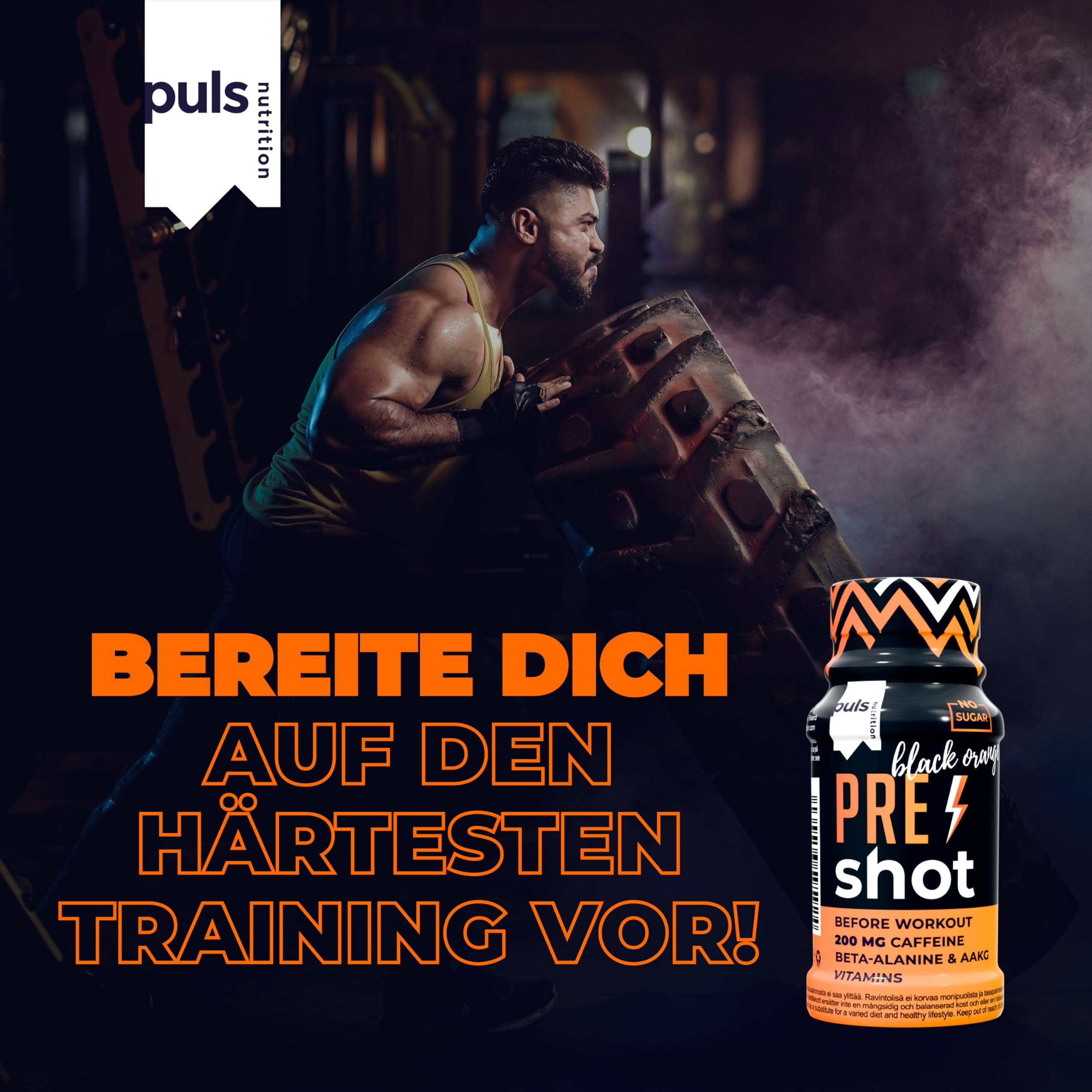 PULS Pre Workout Shot Black Orange — 12 × 60 ml | 200mg Caffeine, Beta-Alanine, Arginine AKG & B-Vitamins