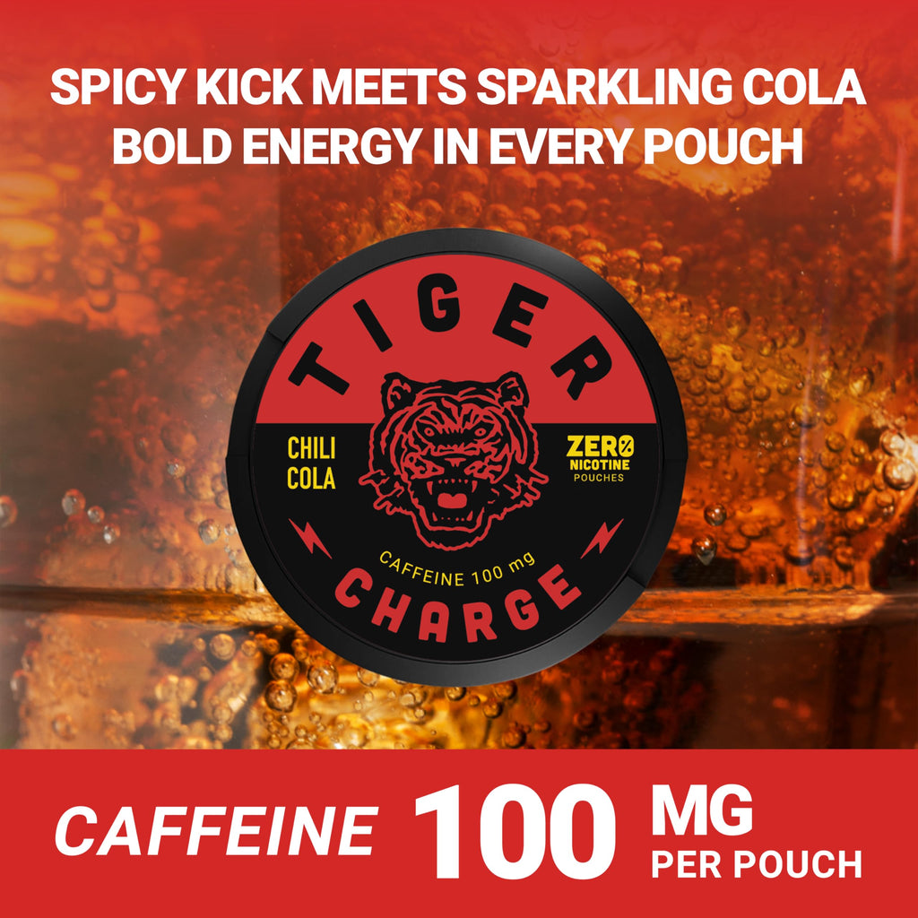 Tiger Charge Chili Cola Caffeine Pouches, 100mg Caffeine per Pouch, Sugar-Free Oral Energy Supplement, Bold Cola with Spicy Kick, Portable Energy Boost, 5-Pack