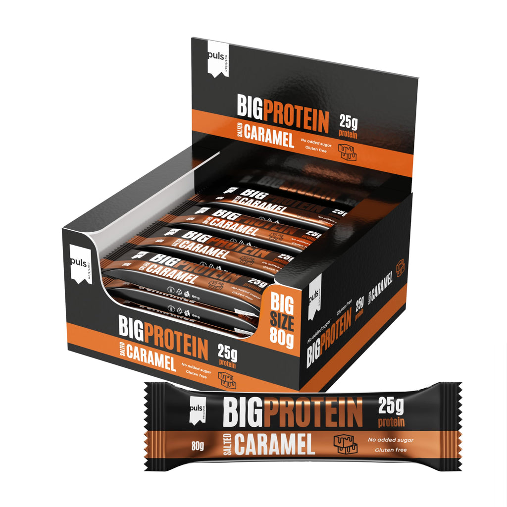 PULS NUTRITION Big Protein baton – 25 g białka na baton – o smaku słonego karmelu, 12 x 80 g, bez dodatku cukru i bez glutenu – wysokobiałkowa przekąska do fitnessu i budowy mięśni