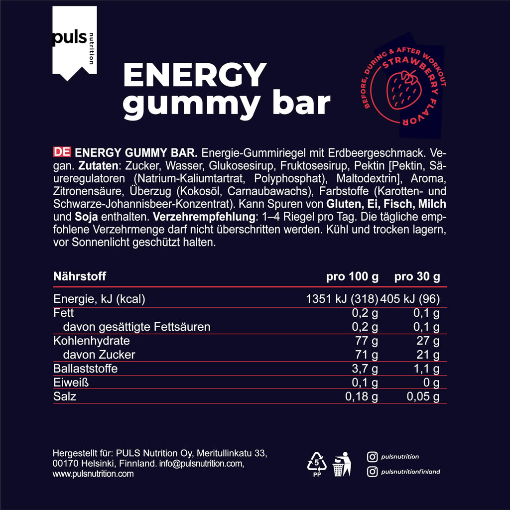 Puls Nutrition żelowe batoniki energetyczne – 23 g szybko przyswajalnych węglowodanów – o smaku truskawkowym 12 × 30 g – szybki zastrzyk energii podczas treningów wytrzymałościowych, w pracy i na co dzień