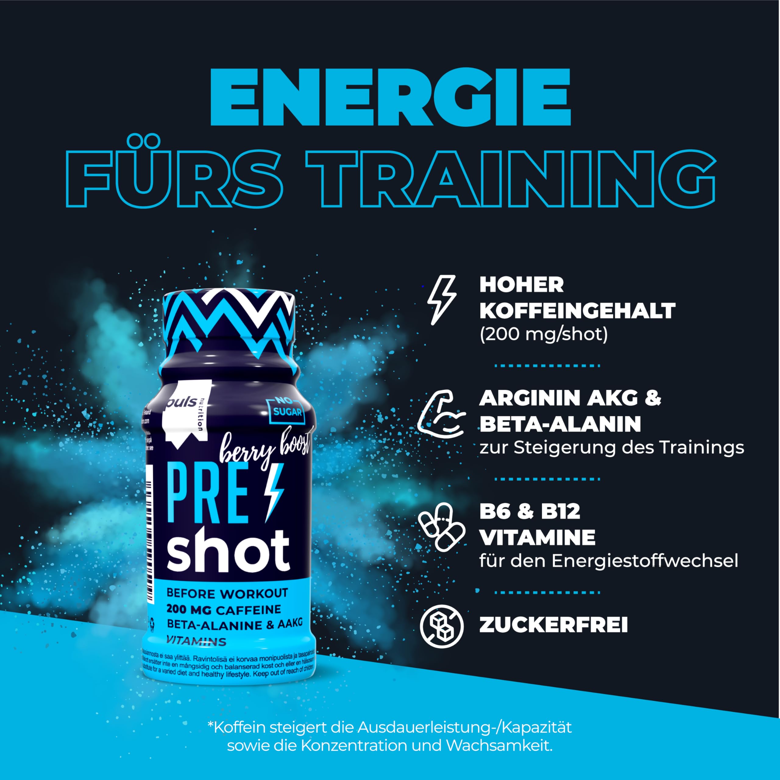 PULS Pre Workout Shot Berry Boost — 12 × 60 ml | 200mg Caffeine, Beta-Alanine, Arginine AKG & B-Vitamins