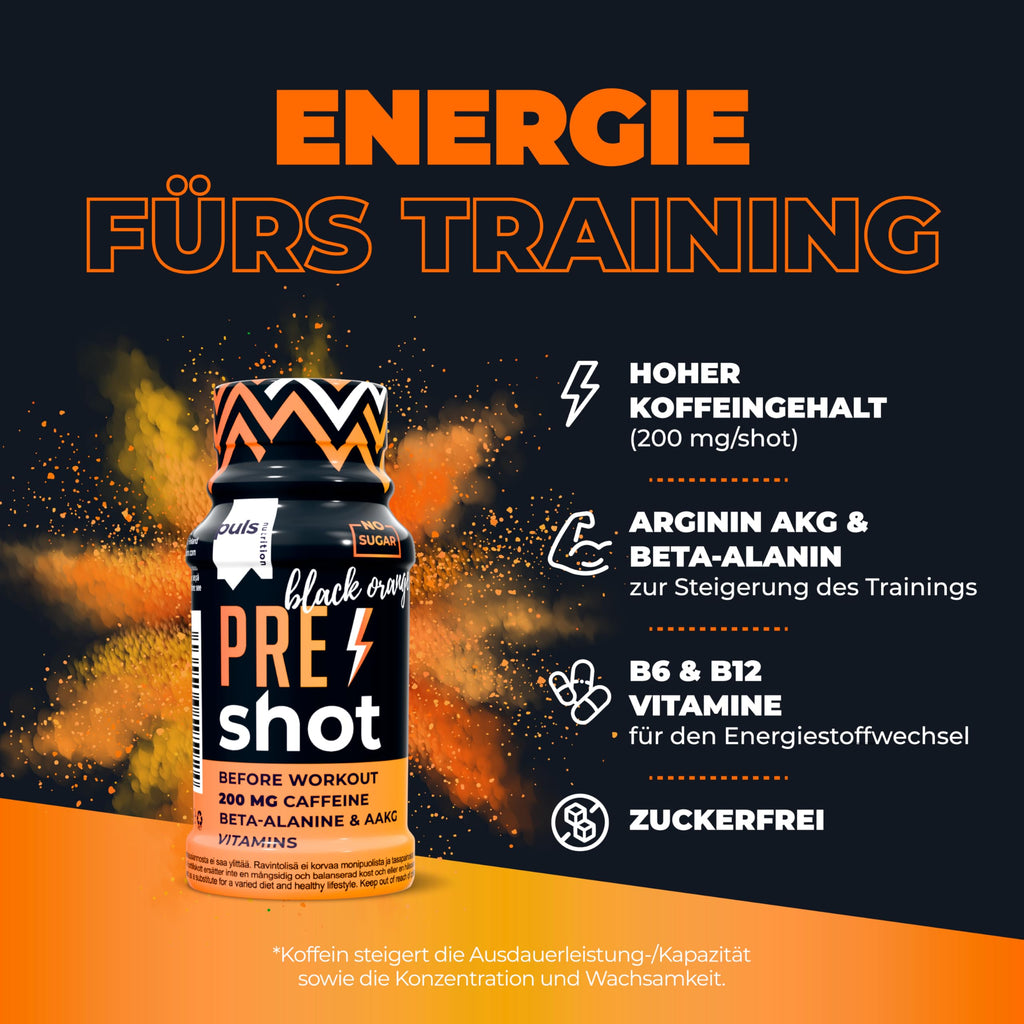 PULS Pre Workout Shot Black Orange — 12 × 60 ml | 200mg Caffeine, Beta-Alanine, Arginine AKG & B-Vitamins