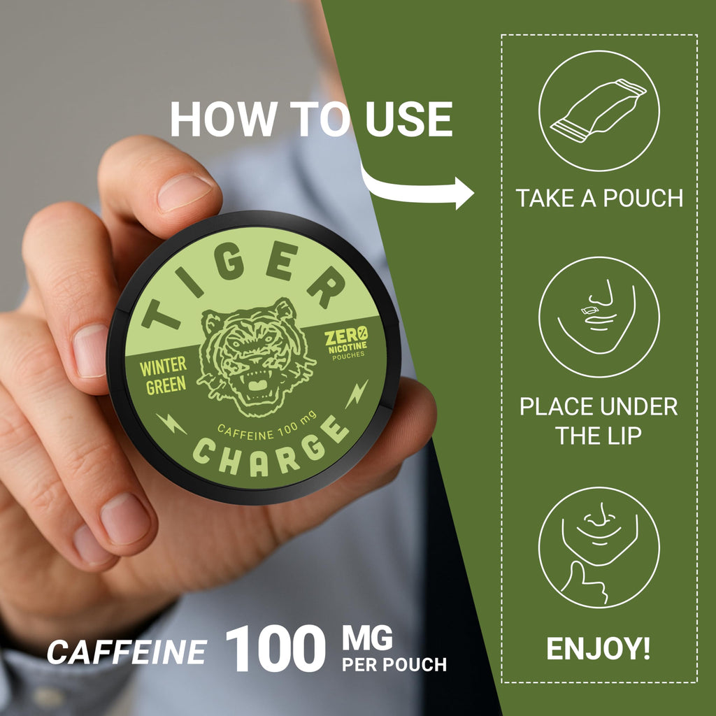 Tiger Charge Wintergreen Caffeine Pouches, 100mg Caffeine per Pouch, Sugar-Free Oral Energy Supplement, Cool Mint Flavor, Portable Energy Boost, 5-Pack