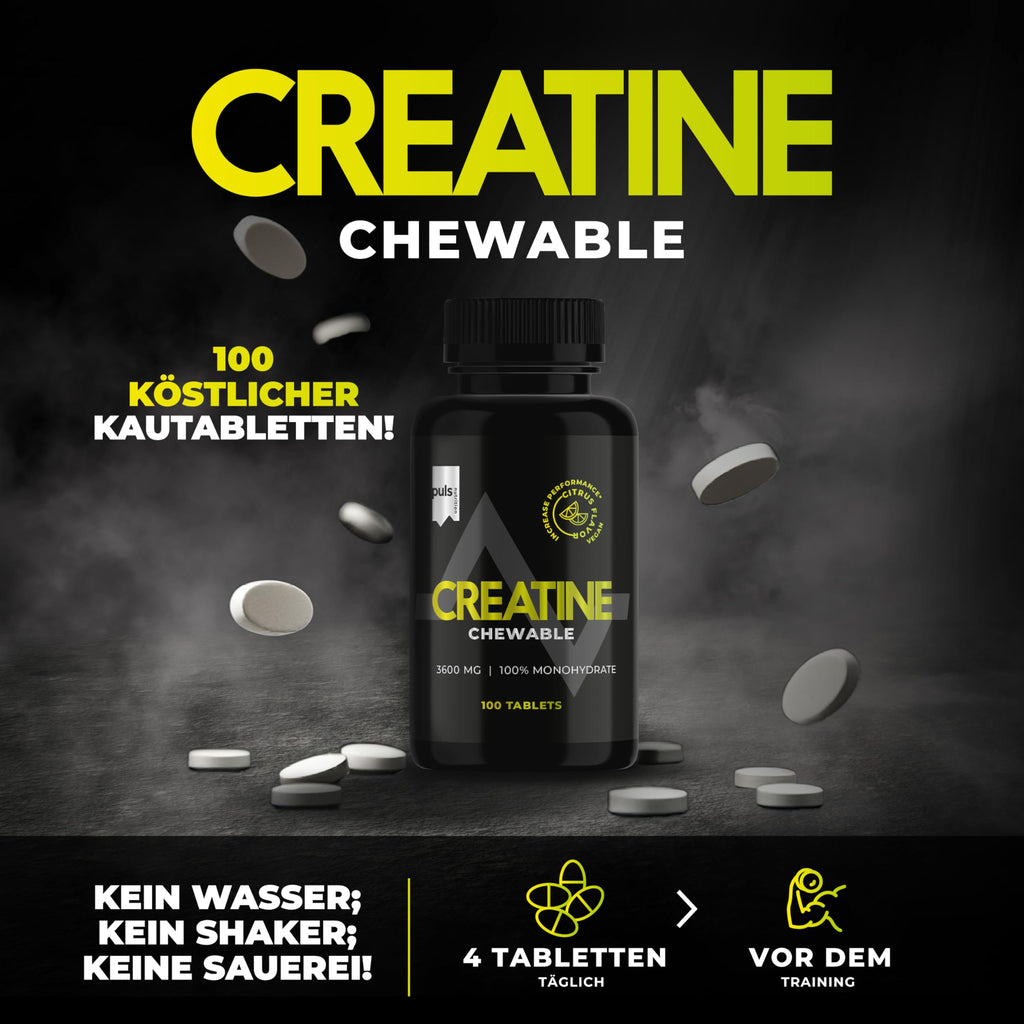 PULS Nutrition Creatine Chewable o smaku cytrusowym, 100 tabletek do żucia – wegańskie, 3 600 mg monohydratu kreatyny na porcję – z Creapure dla optymalnej skuteczności i jakości