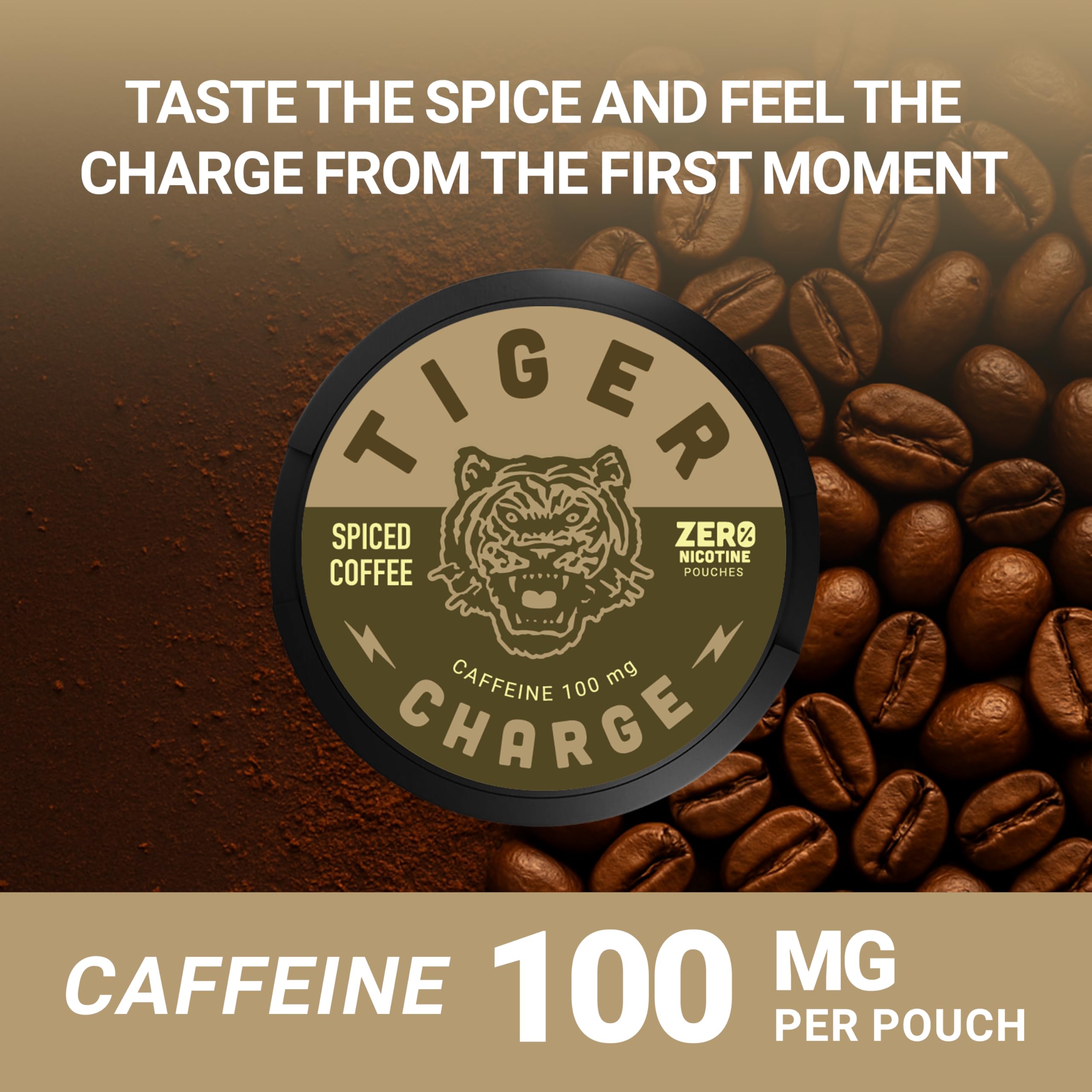 Tiger Charge Spiced Coffee Caffeine Pouches, 100mg Caffeine per Pouch, Sugar-Free Oral Energy Supplement, Portable Coffee-Flavored Energy Boost, 5-Pack