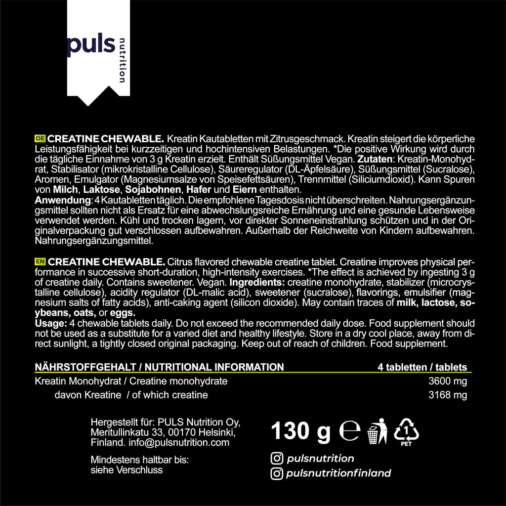 PULS Nutrition Creatine Chewable o smaku cytrusowym, 100 tabletek do żucia – wegańskie, 3 600 mg monohydratu kreatyny na porcję – z Creapure dla optymalnej skuteczności i jakości