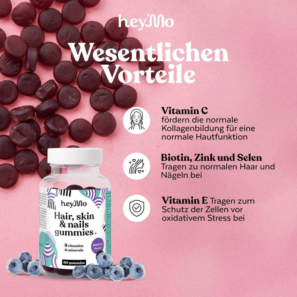 hey'Mo Hair, Skin & Nails Gummies, Blueberry — 60 Pieces | Biotin, Zinc, Vitamin C