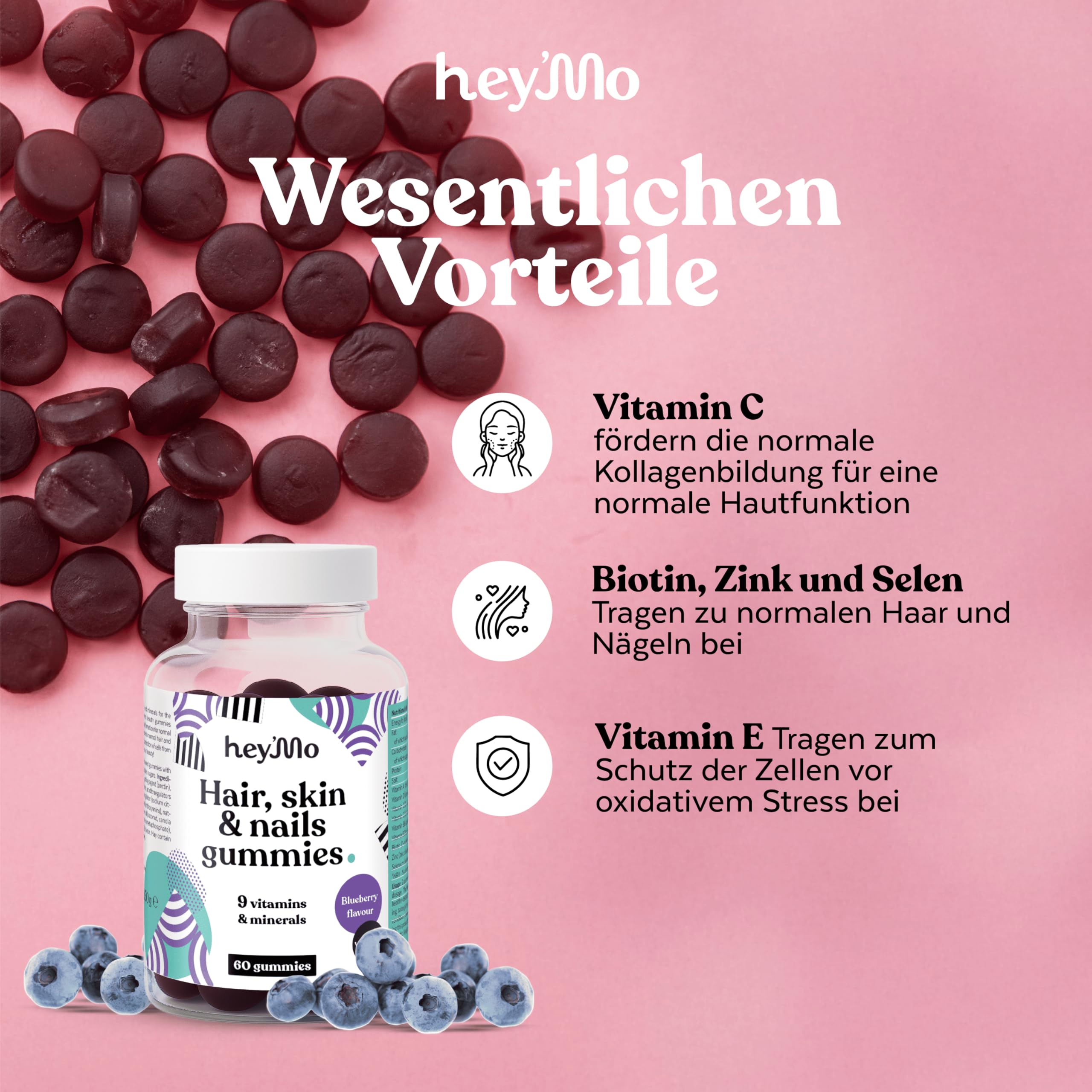 hey'Mo Hair, Skin & Nails Gummies, Blueberry — 60 Pieces | Biotin, Zinc, Vitamin C
