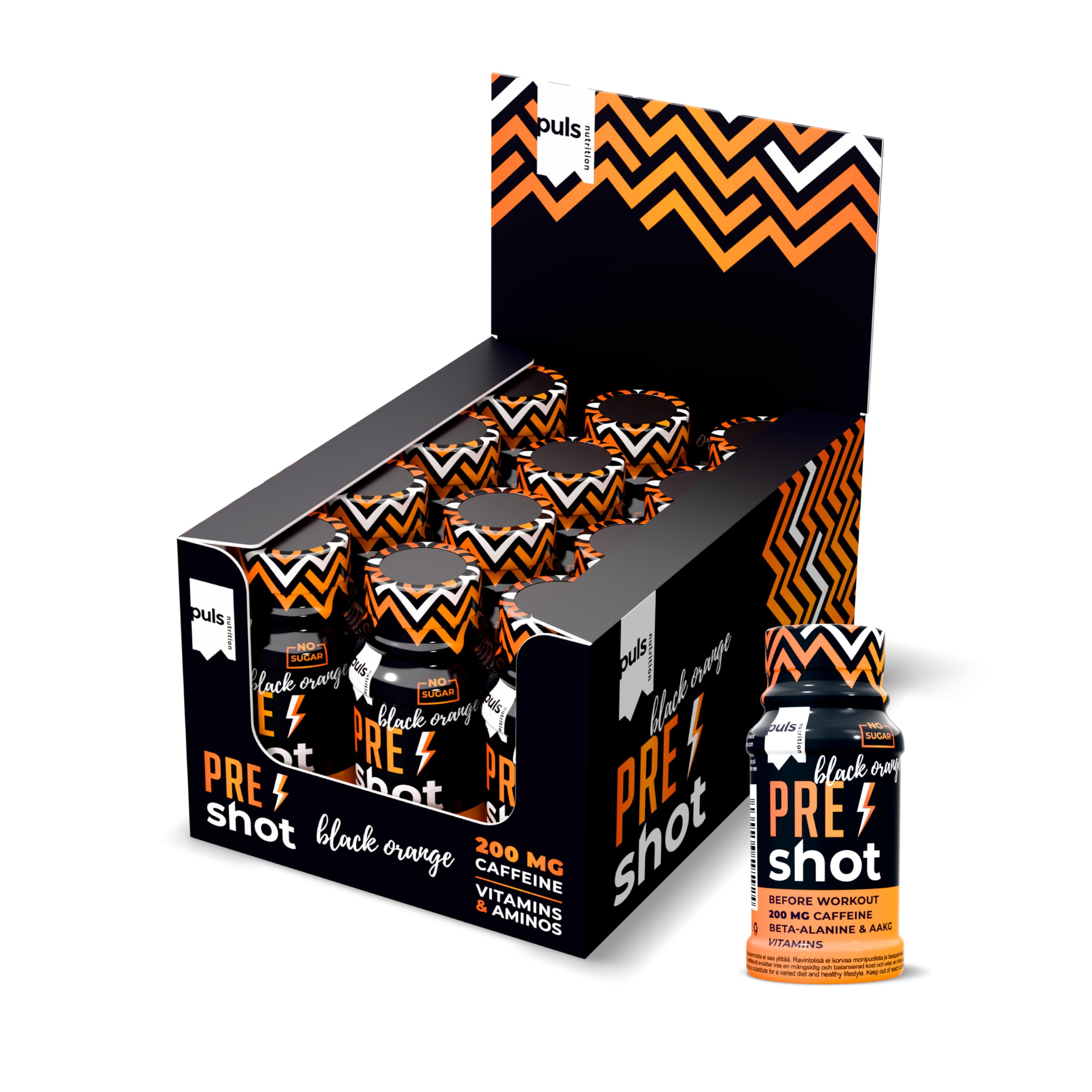 PULS Pre Workout Shot Black Orange — 12 × 60 ml | 200mg Caffeine, Beta-Alanine, Arginine AKG & B-Vitamins